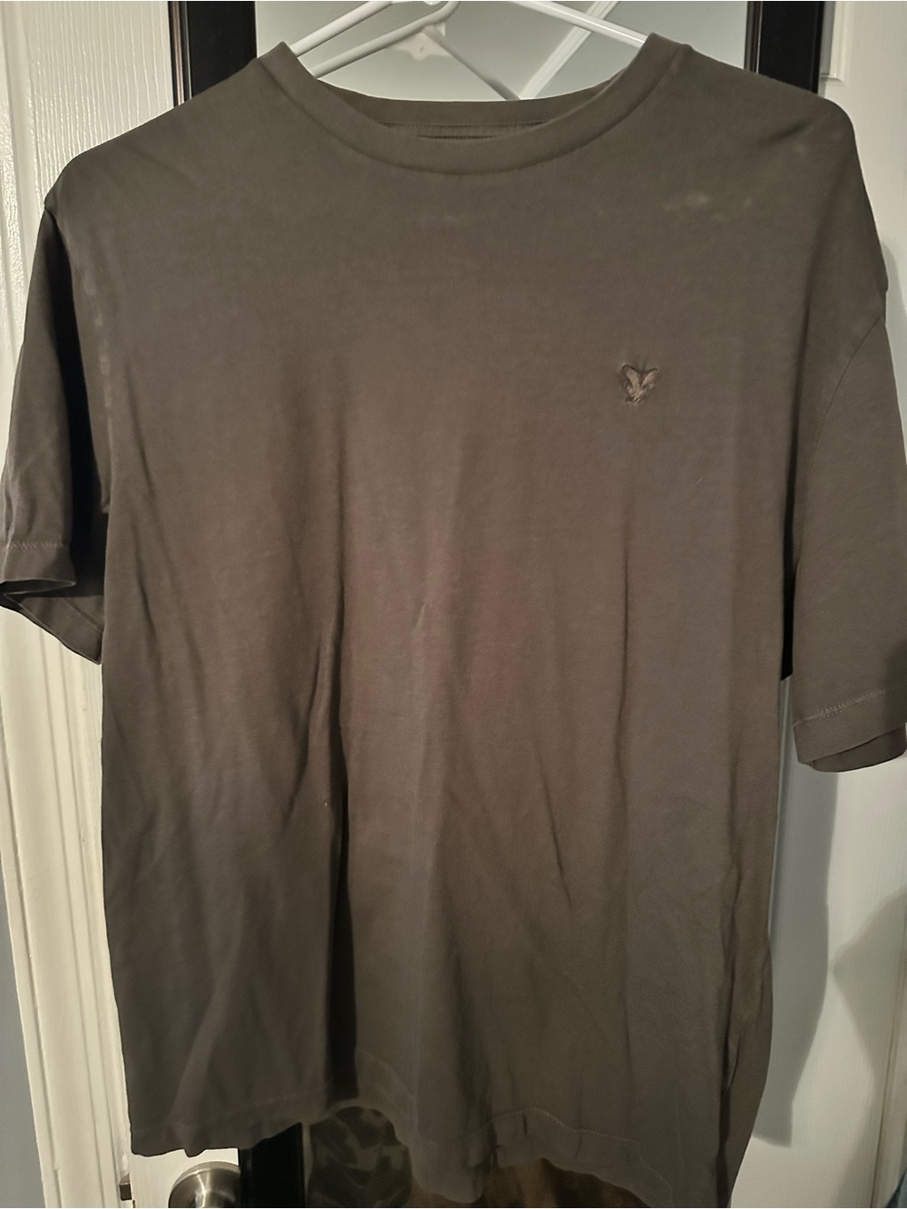 American Eagle Outfitters Men's Olive Green Crew Neck Tee with Embroidered Eagle